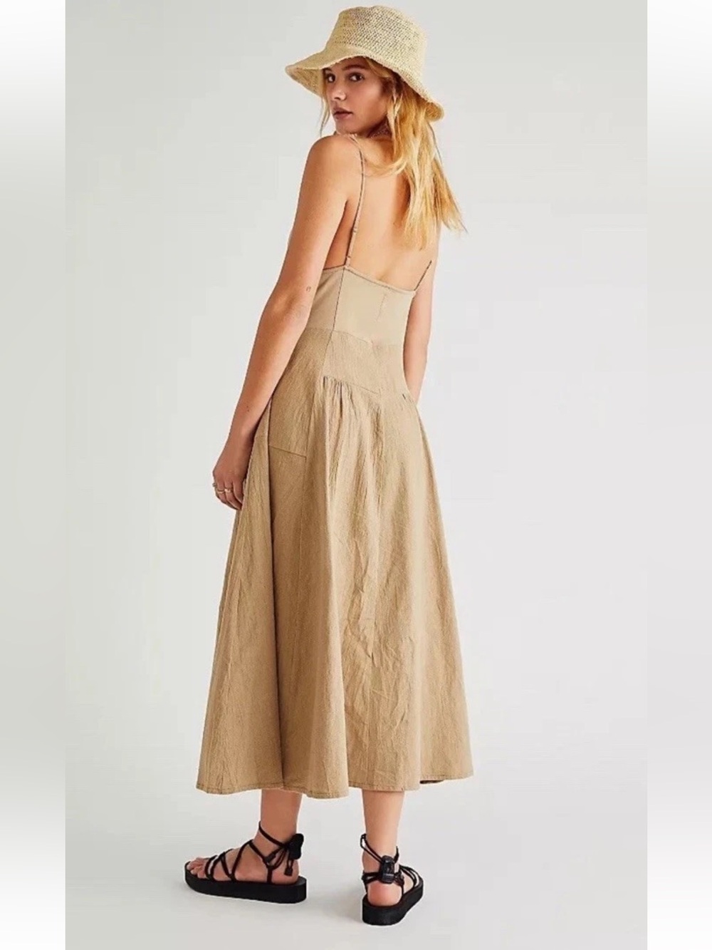FREE PEOPLE Soledad Midi Dress Khaki Beige Boho Pockets Sz M - Picture 4 of 16